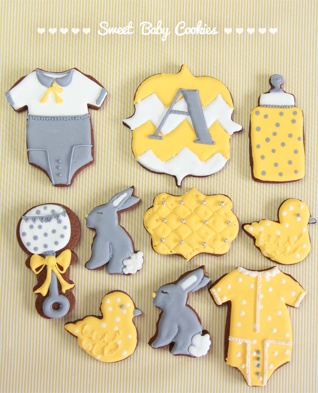 Galletas bebé amarillo y gris + tutorial galleta de conejo